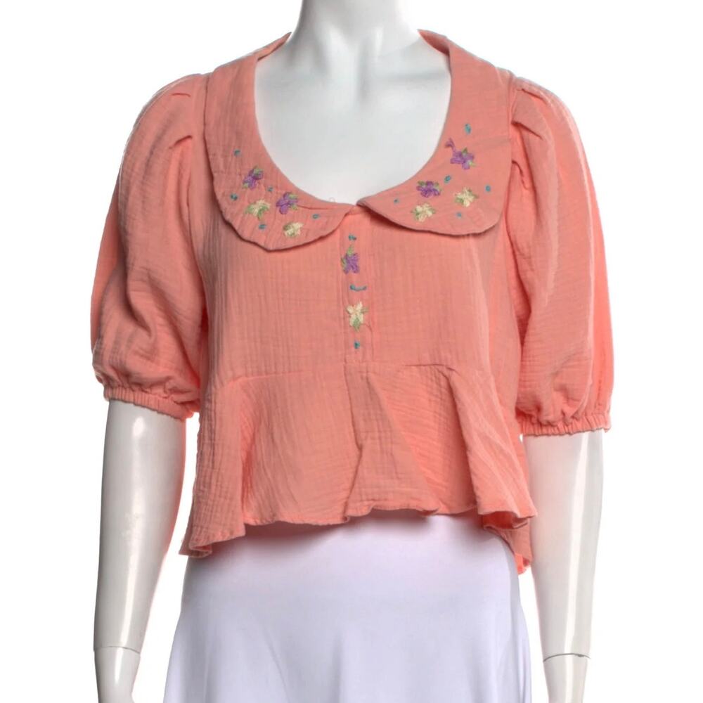 Tach Larina Embroidered Linen Cotton Top Puff Sleeve Peach Pink - Picture 13 of 16